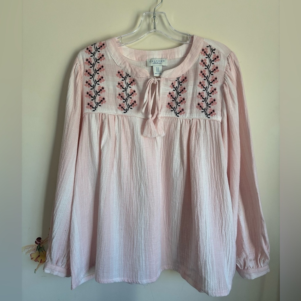 Calypso Top Embroidered 100% Cotton Blouse Pink Boho Artsy Coastal Sz 1X(US 18)